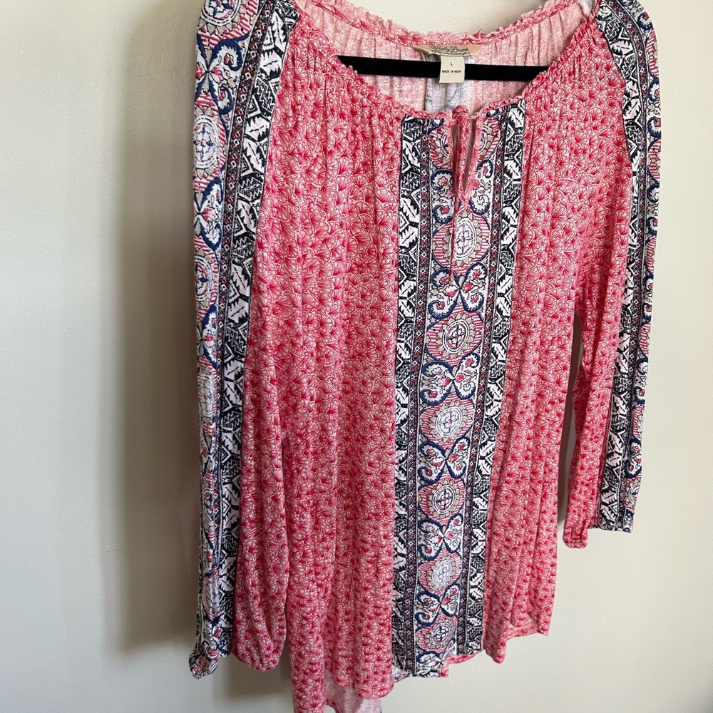 Darling Lucky Brand light weight peasant top in red, white and navy blue, size L